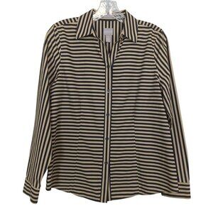 Chicos Blouse Sz 0 Sz 4 Black Tan‎ Stripe Button-Down Shirt long sleeve collared